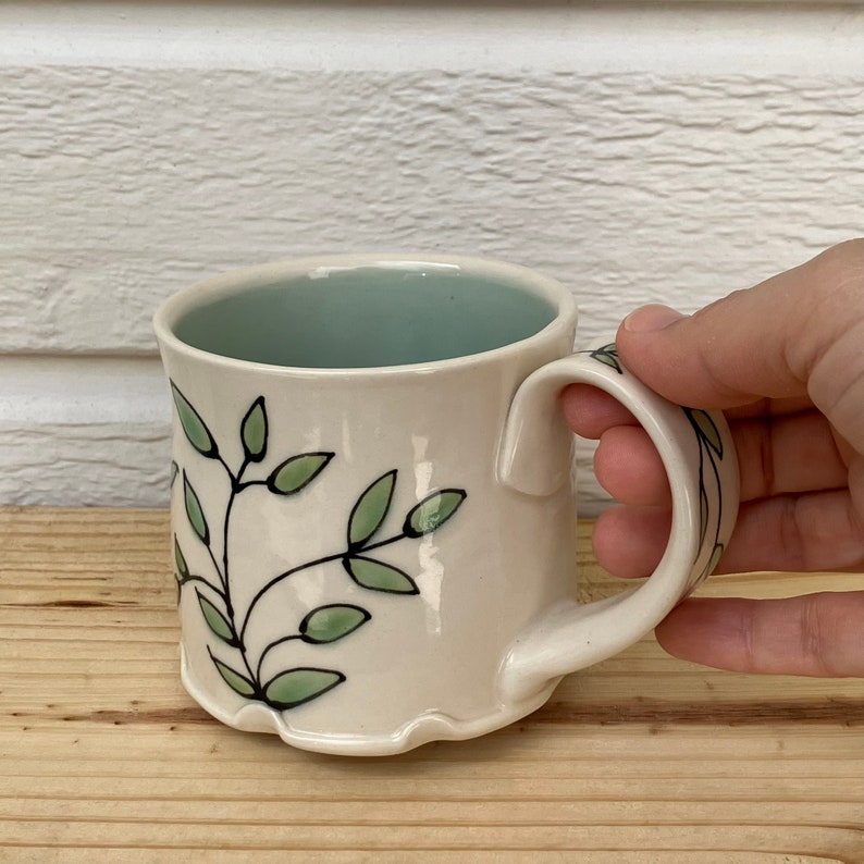 Unique Coffee Mug Tea Cup with Leaves, Green Color, Nature Inspired, Hand Drawn and Hand Painted 10 oz Mug, Handmade Pottery Teacher's Gift image 1