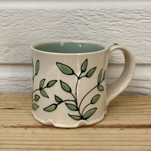 Unique Coffee Mug Tea Cup with Leaves, Green Color, Nature Inspired, Hand Drawn and Hand Painted 10 oz Mug, Handmade Pottery Teacher's Gift image 2