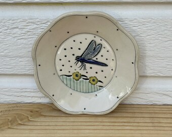 Handmade Pottery Dragonfly Trinket Dish, Jewelry Dish, Ceramic Ring Holder Tea Bag Holder, Small Coffee/Tea Spoon Rest, Insect Lover Pottery