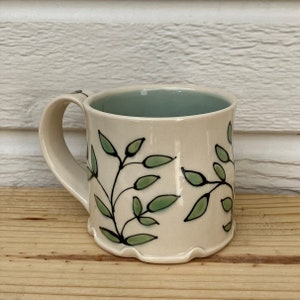 Unique Coffee Mug Tea Cup with Leaves, Green Color, Nature Inspired, Hand Drawn and Hand Painted 10 oz Mug, Handmade Pottery Teacher's Gift image 3