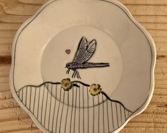 Handmade Pottery Dragonfly Trinket Dish, Jewelry Dish, Ceramic Ring Holder Tea Bag Holder, Small Coffee/Tea Spoon Rest, Insect Lover Pottery