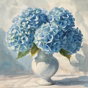 May include: Watercolor painting of a white vase filled with blue hydrangea flowers. The flowers have multiple layers of petals and green leaves. The vase is round with a pedestal base. The background is a light, neutral color.