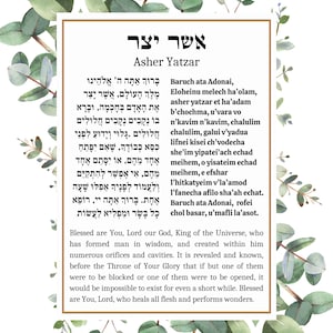 Asher Yatzar Wall Blessing Prayer, Jewish Bathroom Prayer Art Print, Framed or Canvas, Botanical design, Hebrew English Transliteration