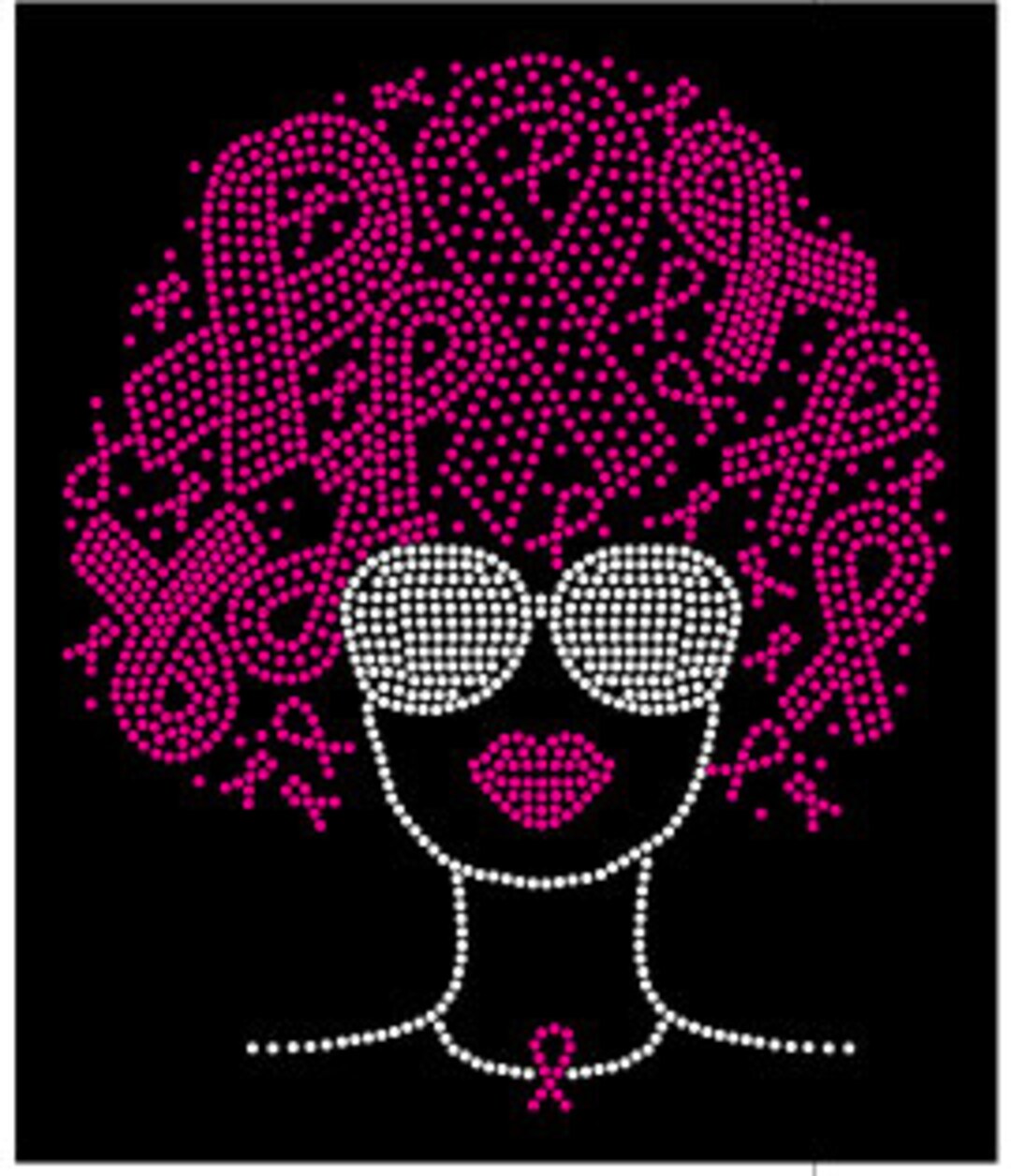 Breast Cancer Lady With Ribbons in Hair SS10 Rhinestones Digital