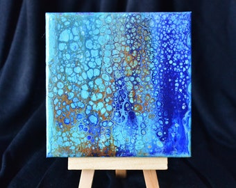 Acryl Pouring Abstrakt auf Mini Leinwand mit Staffelei #MC421, Ocean Theme