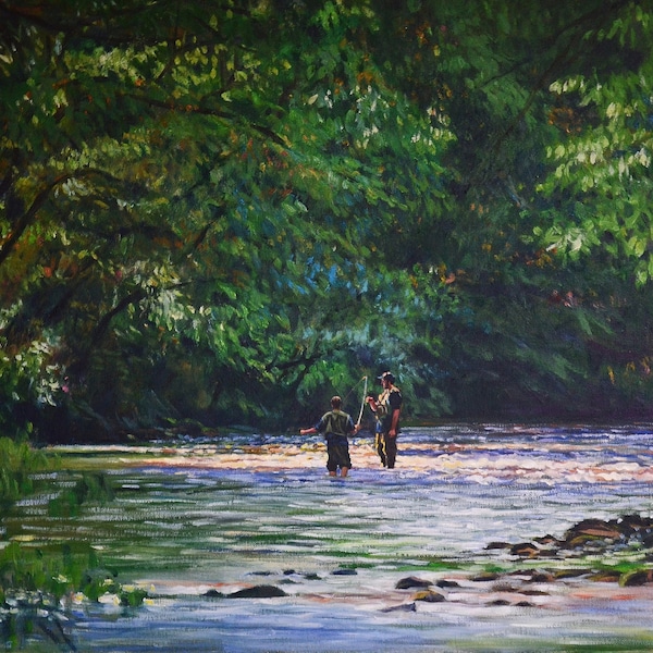 Forest and Stream Painting- A Fishing Lesson - Oil Painting Art Reproduction Print, Landscape Canvas Print, Forest and Stream Painting Print