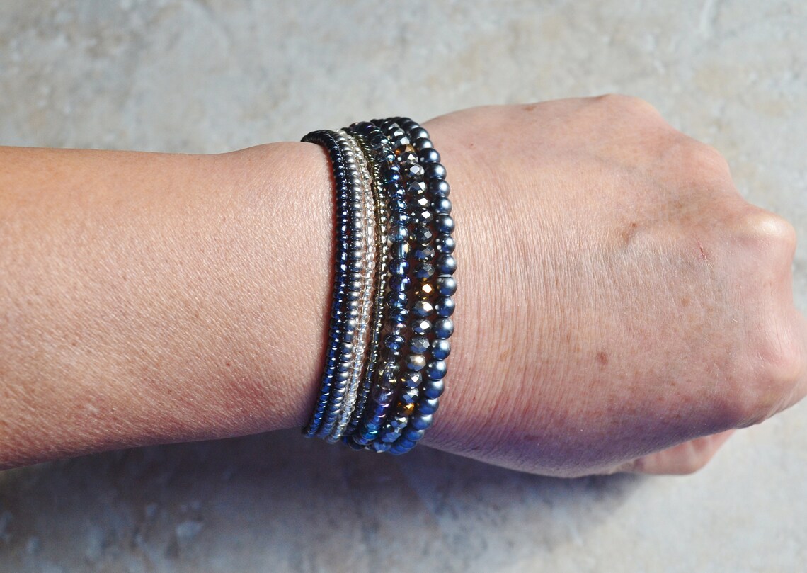 Stretch Bracelets Elastic Beaded Bracelet Set 7 Metallic Etsy