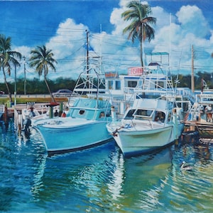 Florida keys Painting- Bud N&#39; Mary&#39;s Marina - Oil Painting Art Reproduction Print, Seascape Canvas Print, key West Painting Print