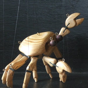crab puppet strung marionette handmade in staffordshire england using recycled wood to my own designs