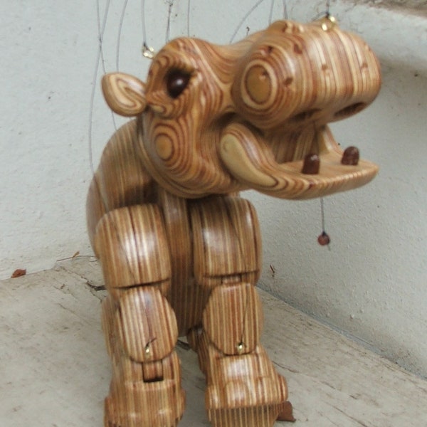 Hippo hippopotamus puppet strung marionette handmade in staffordshire england using recycled wood to my own designs