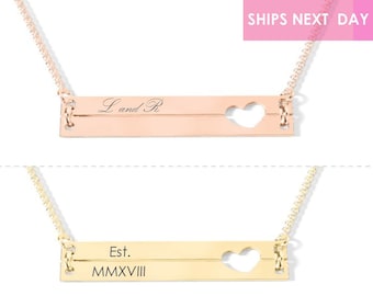 Personalized Necklace for Women Engraved Necklace Name Necklace Heart Cutout Double Bar Necklace Custom Name Initial Necklace for Her