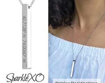 4 Sides Vertical Bar Necklace Name Necklace Engraved Necklace Personalized Necklace Coordinate Necklace Personalized Jewelry For Women Gift