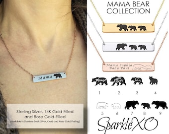 Mama Bear Necklace Sterling Silver • Mama Bear Jewelry • Bar Necklace • Personalized Necklace • Engraved Necklaces • Rose Gold Bar Necklace
