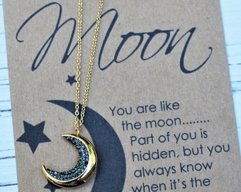 Personalized Necklace Moon Necklace Moon Phase Necklace Engraved Necklace Celestial Jewelry Gift For Her Crescent Moon Necklace Crystals