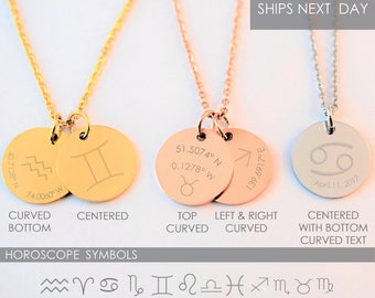 May include: Gold and rose gold stainless steel necklaces with round pendants. Each pendant features a zodiac symbol or coordinates. The image includes the text "HOROSCOPE SYMBOLS" and "SparkleXO.com".