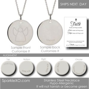 May include: A silver-coloured stainless steel necklace with a circular pendant. The front of the pendant has an angel design, the back says "LOVE YOU." The necklace is hypoallergenic and won't tarnish. Alignment options are also shown.