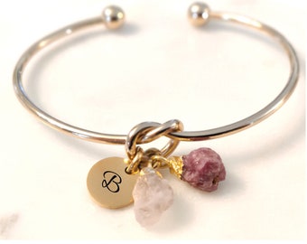 Gemstone Bracelet Knot Bracelet Birthstone Bangle Raw Gemstone Bangle Engraved Bracelet Cuff Bracelet Personalized Name Bracelet