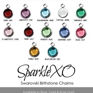Puede incluir: Un gr&aacute;fico de abalorios de piedras de nacimiento Swarovski, que muestra los diferentes colores y nombres de las piedras para cada mes del a&ntilde;o. El texto "Sparkle XO" est&aacute; en la parte inferior del gr&aacute;fico.