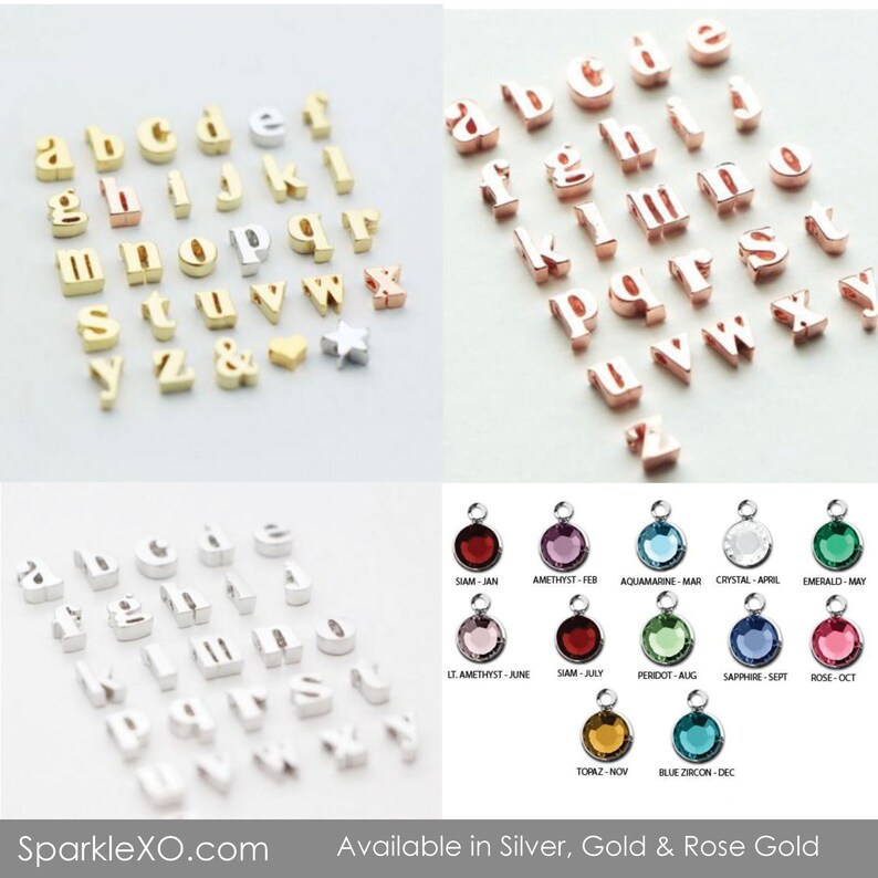 Puede incluir: Surtido de abalorios de letras en oro, plata y oro rosa, con un abalorio de estrella y un abalorio de ampersand. Debajo, una selecci&oacute;n de abalorios de piedras preciosas de colores, cada uno con un mes y un nombre de piedra de nacimiento.