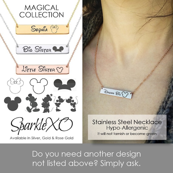 Disney Necklace Personalized Necklace Custom Name Necklace Engraved Bar Necklace Mickey Mouse Ears Minnie Gift for Kids Sparklexoshop Etsy