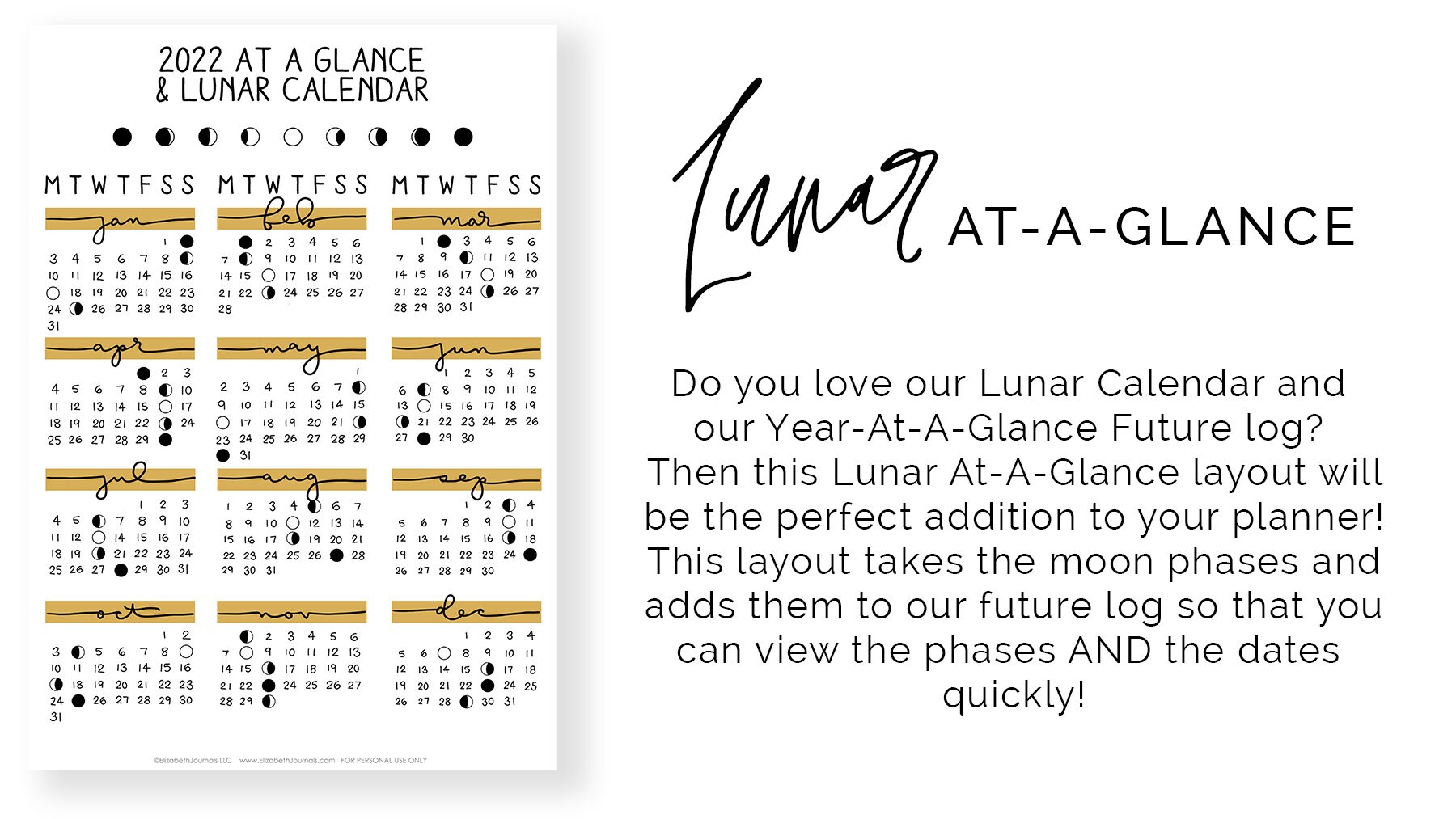 Lunar Calendar Ataglance Moon Phases 2022 2025 Etsy