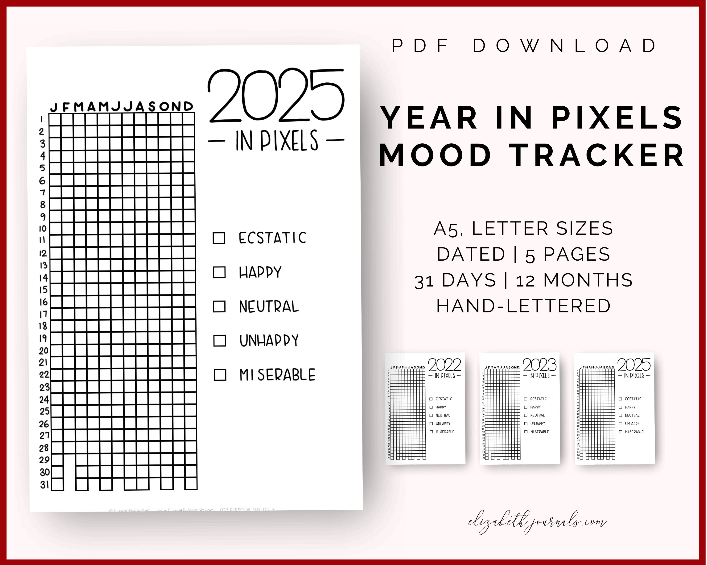 Letter Sizes 2022 & 2023 A4 Bullet Journal Template A Year in Pixels 2021 Bujo Insert Mood Tracker Printable Yearly Mood Chart A5