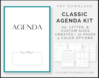 Teal Classic Agenda Planner Kit | Undated | Printable Planner | A5 & US Letter Sizes | PDF | Instant Download | Digital Bullet Journal