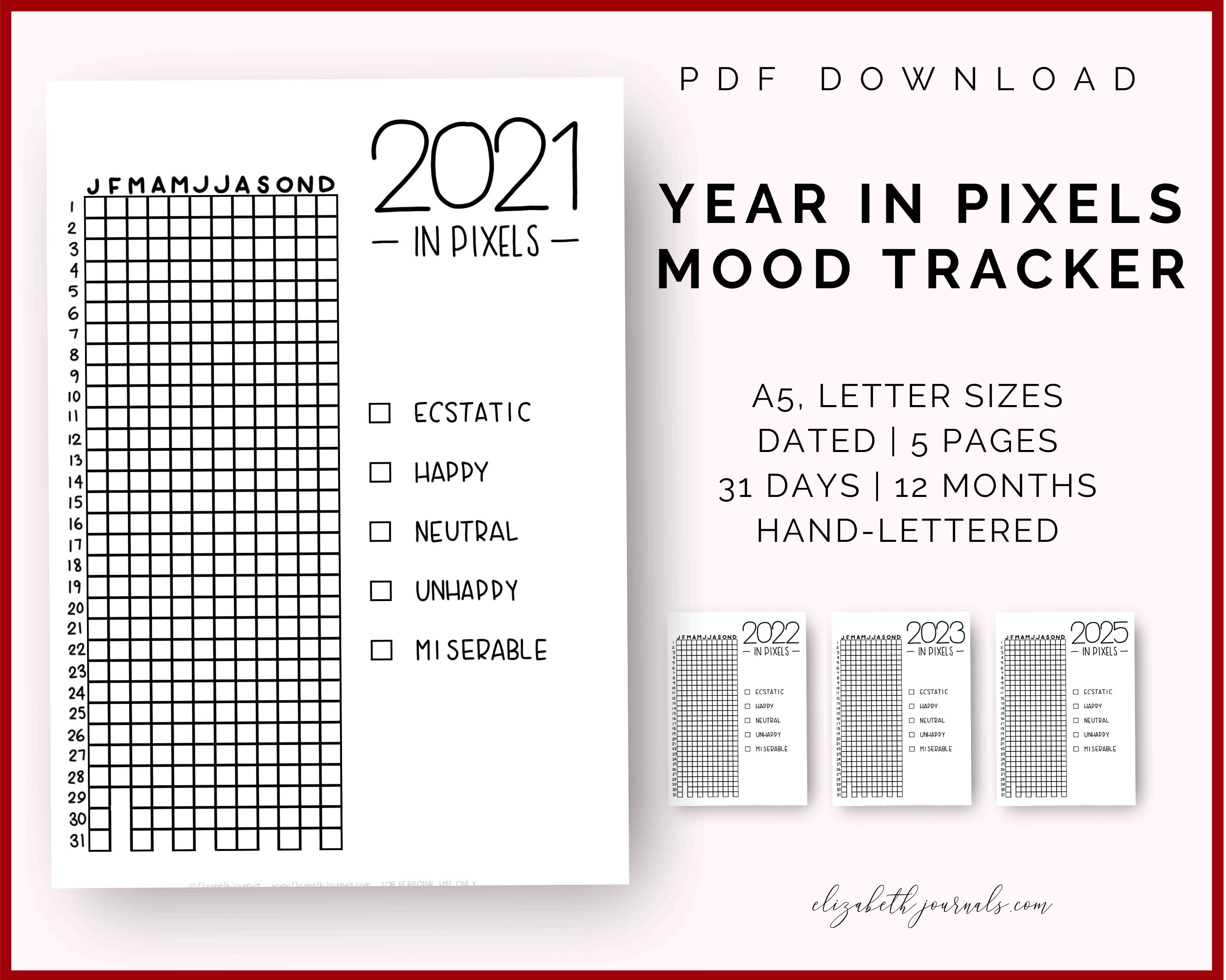 Year In Pixels Mood Tracker 2020 2025 A5 Letter Size Etsy