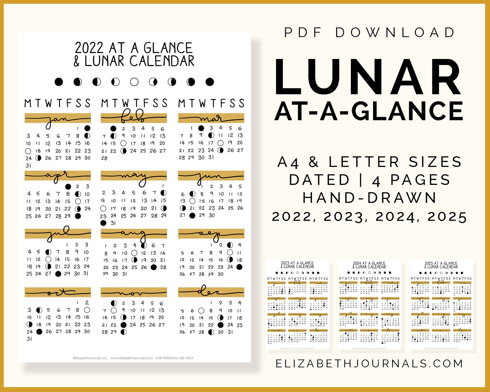 Lunar Calendar Ataglance Moon Phases 2022 2025 Etsy Calendar 2025 With Lunar Dates Pdf