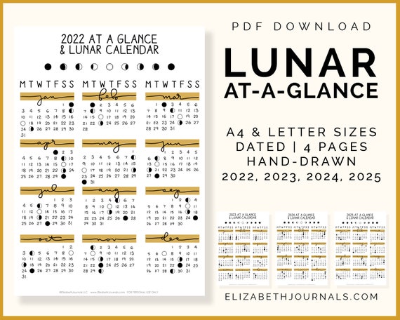 Lunar Calendar At-a-glance Moon Phases 2022 2025 - Etsy