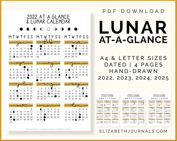 Lunar Calendar Ataglance Moon Phases 2022 2025 Future Log A4 & Letter