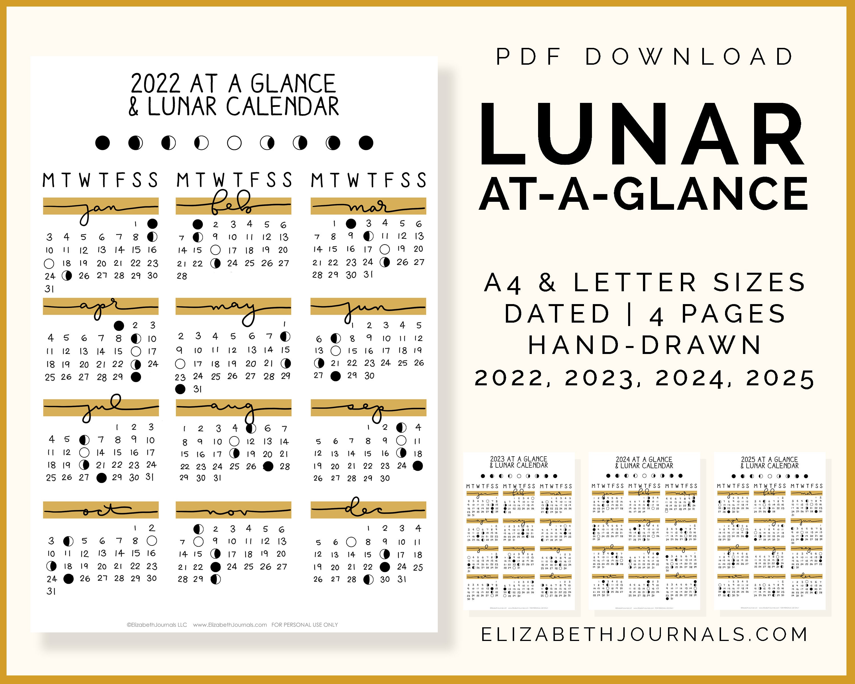 Lunar Calendar At a glance Moon Phases 2022 2025 Etsy