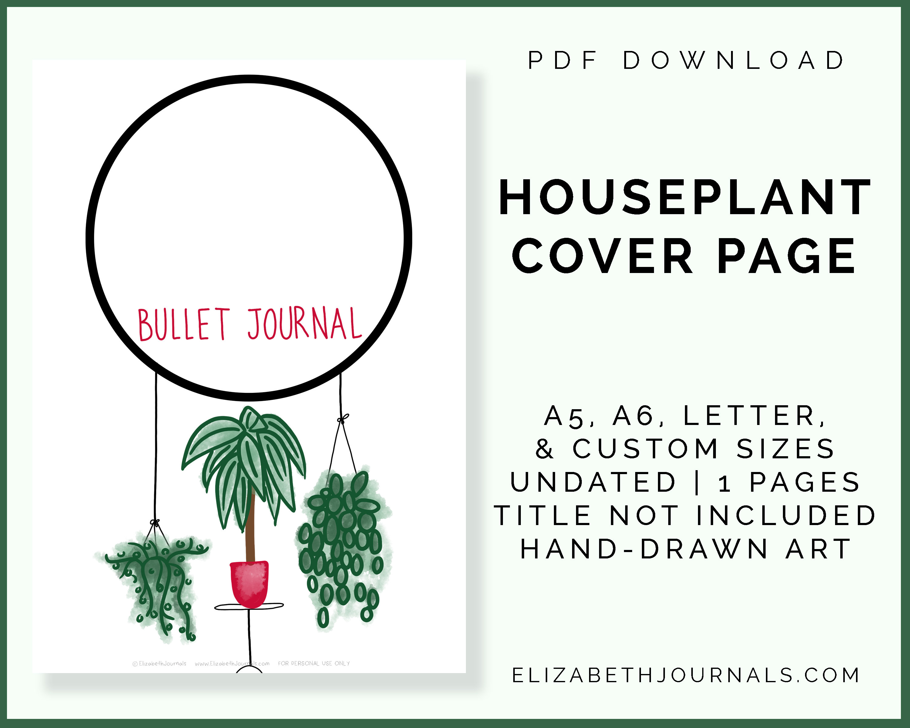 Watercolor Houseplant Cover Page Digital Planner Printable | Etsy