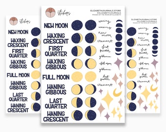 Phases of the Moon Sticker Sheet | 44 Stickers | 5.5 x 7.75 inches | 3 Sheets | Matte | Planner Sticker | Tear Resistant