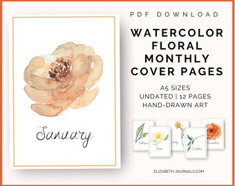 Watercolor Floral Rose Monthly Cover Pages | Planner Printables | Bullet Journal | Downloadable | A5 Size | Hand-Painted