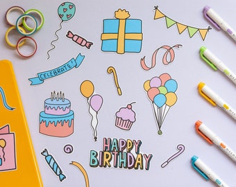 Birthday Sticker Set | 29 Stickers | 1-to-4-inches | Stickers | Glossy | Matte | Planner Sticker | Decal | Waterproof | Tear Resistant