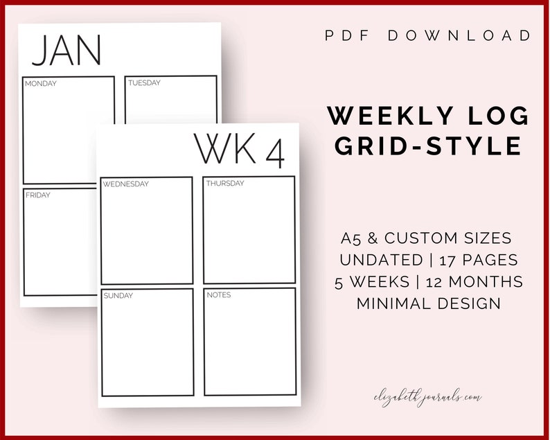 Printable Minimal Weekly Grid A5 Size Includes 12 Months - Etsy