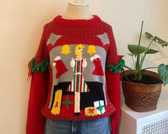 Vintage 3D Ugly Christmas Sweater/ Ornate 1980s 1990s Holiday Jumper/ 80s 90s Knitwear Ribbon/ 100% Cotton/ 3D Sweater