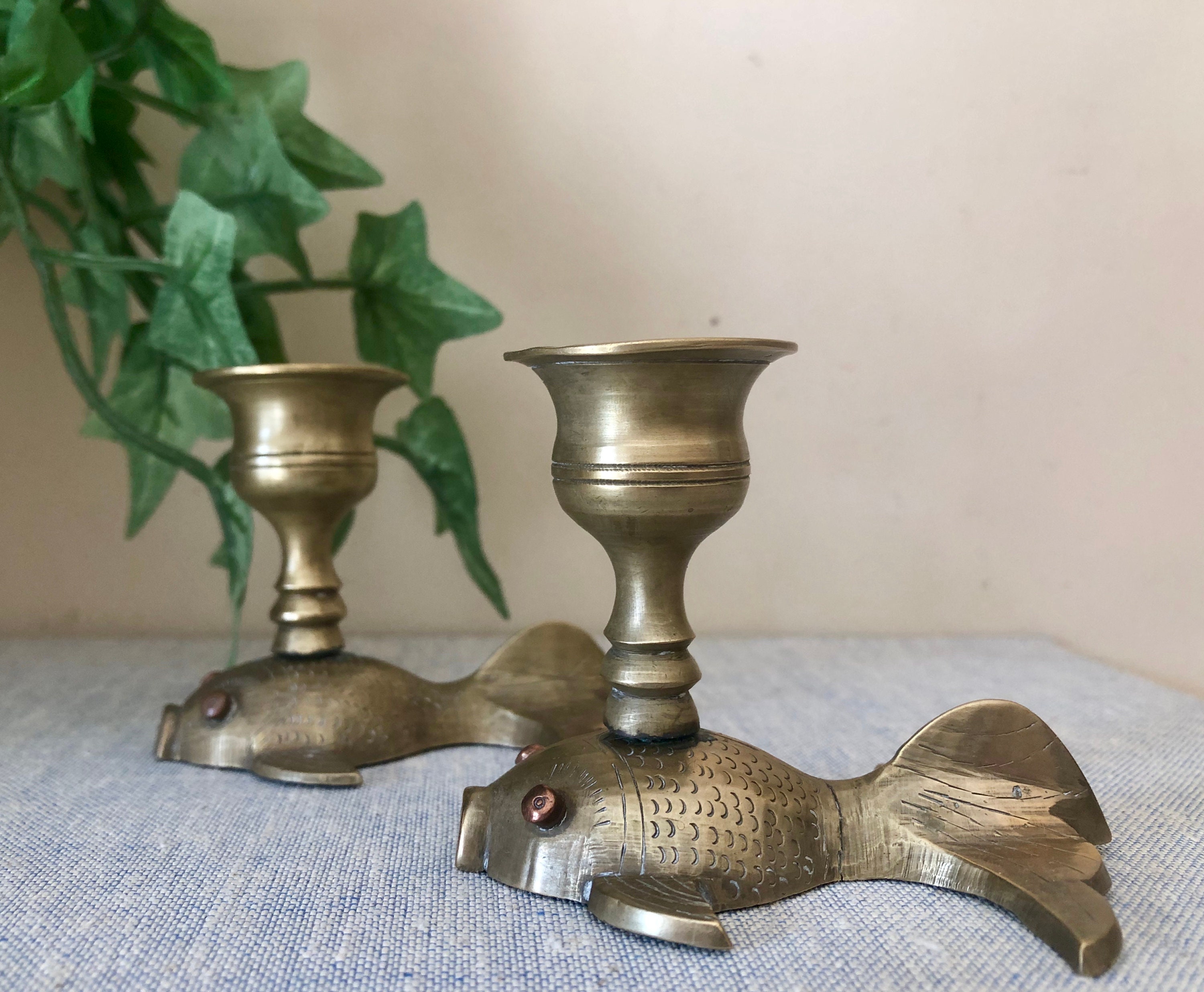 Brass Fish Candlestick Holders/ Two Etched Fish Candle Etsy