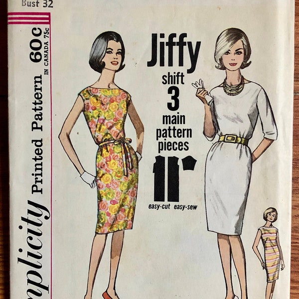 60s Bateau Neckline Dress Sewing Pattern / Vintage 1960s Jiffy / Easy Sew Women's Shift Dress / Size 12, Bust 32 / Simplicity 4947