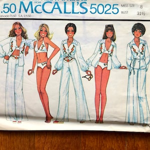 70s Badpak Naaipatroon / jaren &#39;70 Vintage Top, Broek & Bikini / Maat 8, Bust 31 1/2 / McCalls 5025