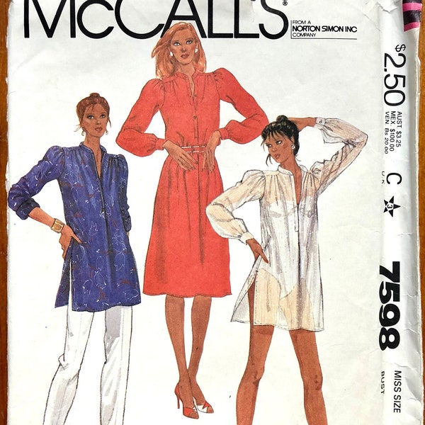 80s Dress Sewing Pattern / Vintage 1980s Women's Shirt Dress / Size 14, 22 or 24, Bust 36, 44 or 46 / McCalls 7598