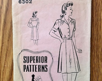 1940s Shirt Dress Sewing Pattern / Vintage 40s Shirtwaist Dress / Size 14 Bust 32 / Superior Patterns 6302 / Rare Find