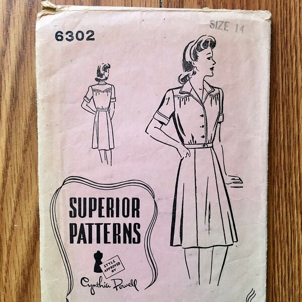 1940s Shirt Dress Sewing Pattern / Vintage 40s Shirtwaist Dress / Size 14 Bust 32 / Superior Patterns 6302 / Rare Find