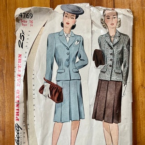 Patrón de costura para vestido de traje de los años 50 / Falda y chaqueta vintage de los años 50 / Talla 16 de mujer, busto 34 / Simplicity 4769