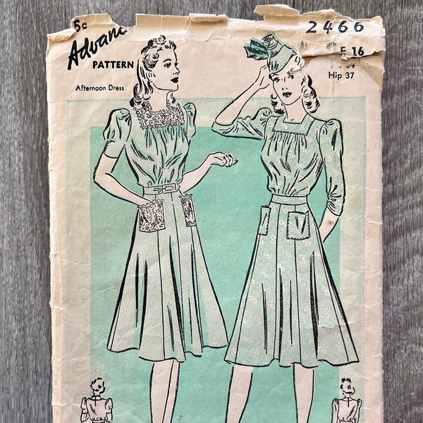 1940s Dress Sewing Pattern / 40s Vintage Afternoon Dress / Women's Size 16, Bust 34, Hip 37 / Advance 2446 / Rare Find