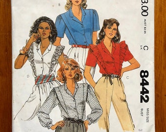 80s Blouse Sewing Pattern / Vintage Women's Shirt / Top / Bretelles / Ruffles / Size 8 or 14, Bust 31 1/2 or 36 / McCalls 8442