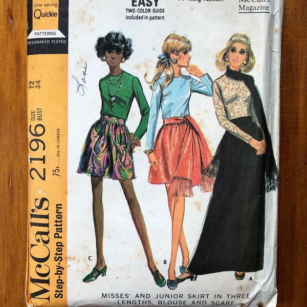 60s Top & Skirt Sewing Pattern / Vintage 1960s Maxi Skirt / Scarf / Blouse / Women's Size 12, Bust 34 / McCalls 2196