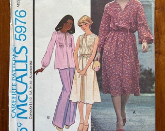 70s Dress & Top Sewing Pattern / Vintage 1970s Women's Boho Sundress and Blouse / 2 Sizes: Petite, or  Ex-Large / McCalls 5976