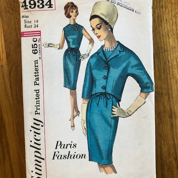 60s Dress & Jacket Sewing Pattern / Vintage 1960s Women's Sheath Dress and Jacket Patterns / Size 10, Bust 31 / Simplicity 4934